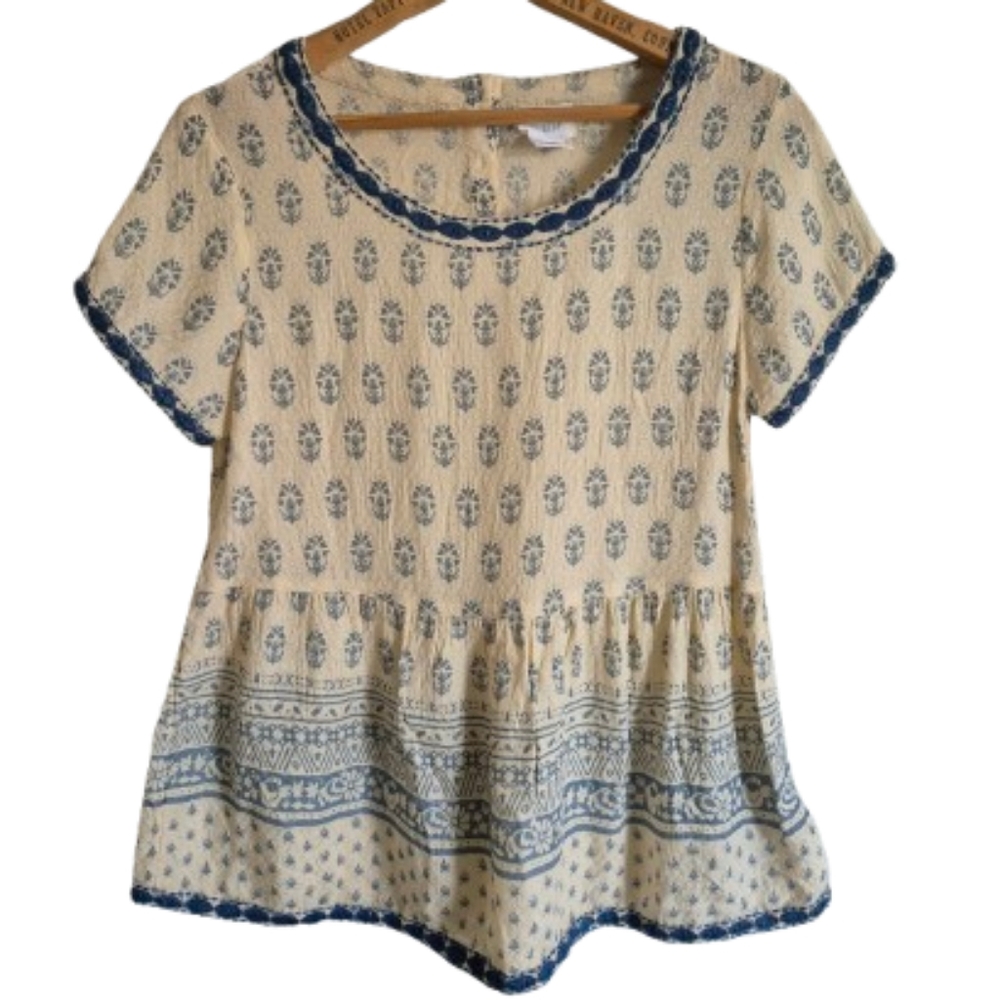 Sigrid Olsen Folk Art Print Embroidered Peplum Blouse